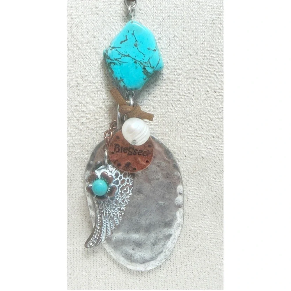 Long Boho Natural Stone Wing Blessed Charm Suede Cord Necklace